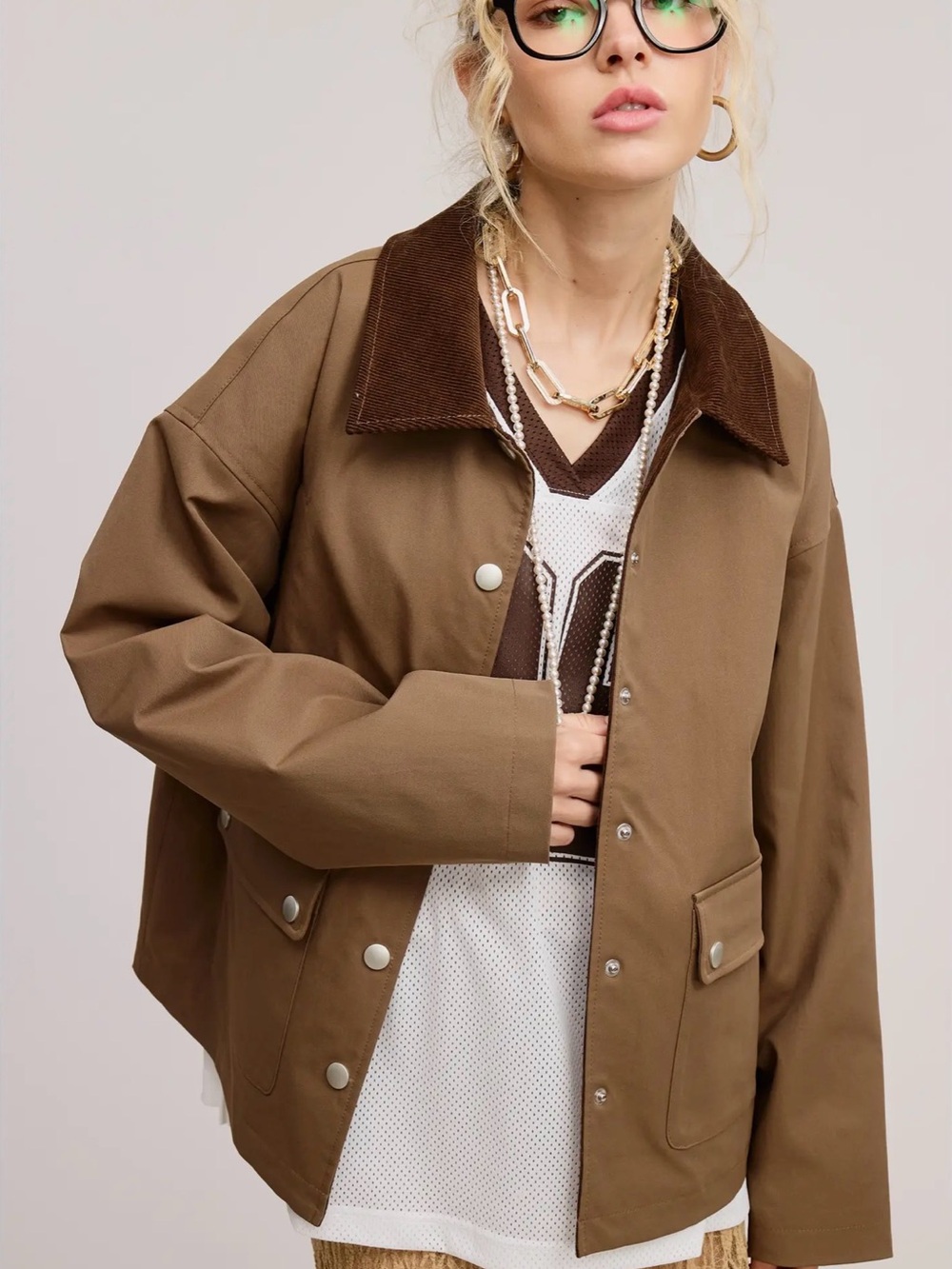 Women's Brown Utility Jacket with Corduroy Collar